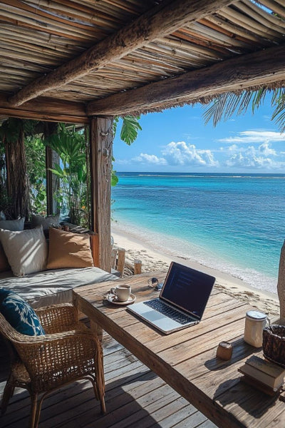 Wooden desk with laptop by a beach with clear blue water and white clouds.